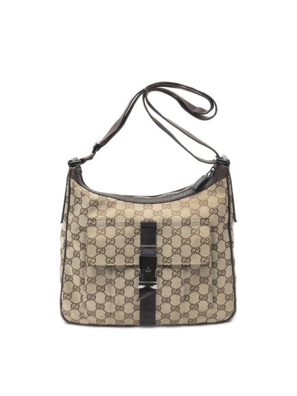 Gucci Front Buckle Messenger Bag Beige Brown GG Canvas